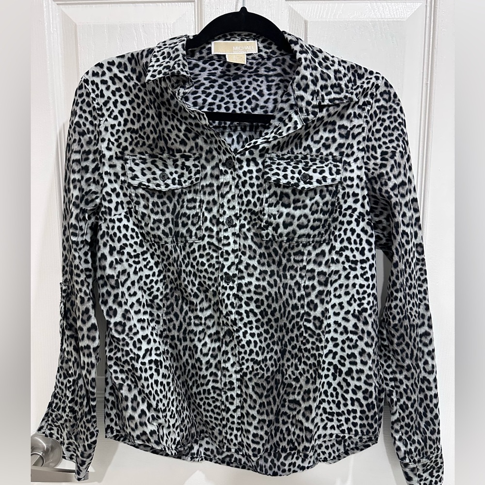 Michael Kors Black and White Leopard Print Button Down Shirt